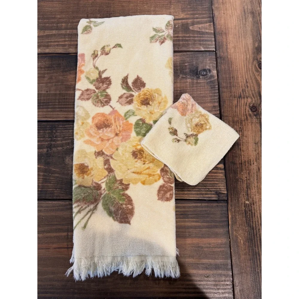 Cannon Royal Family Vintage Towel Set Yellow Floral Roses Cotton 2pc Excellent
